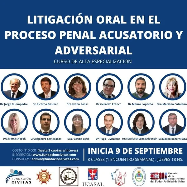 Afiche del curso de alta especialización en litigación oral, proceso penal acusatorio y adversarial.