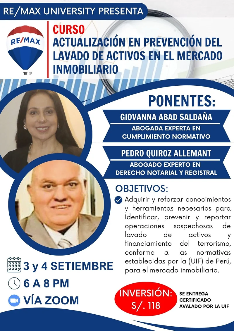 Afiche de la capacitación sobre prevención del lavado de activos en el mercado inmobiliario.