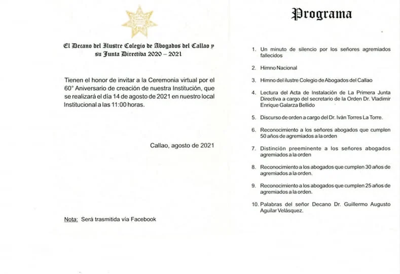 Detalle del programa de actividades del aniversario del Colegio de Abogados del Callao.