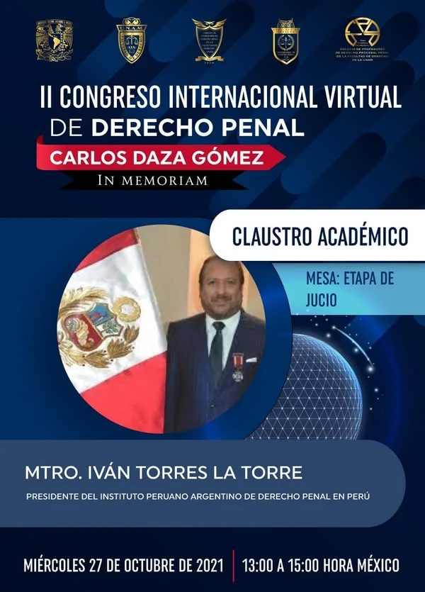 Afiche de la clase magistral de Iván Torres La Torre en el II Congreso Internacional Virtual de Derecho Penal.