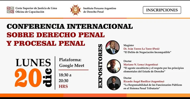 Afiche de la conferencia internacional sobre Derecho Penal y Procesal Penal del cierre académico de la Corte Superior de Justicia de Lima.