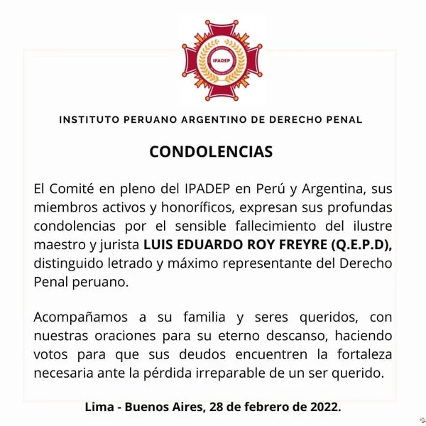 Documento original: Condolencias por el fallecimiento de Luis Eduardo Roy Freyre