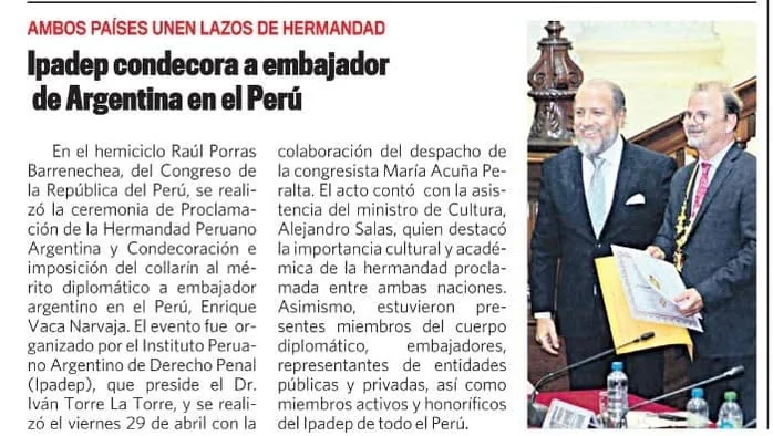 Nota de prensa sobre la condecoración y los lazos de hermandad peruano argentina.