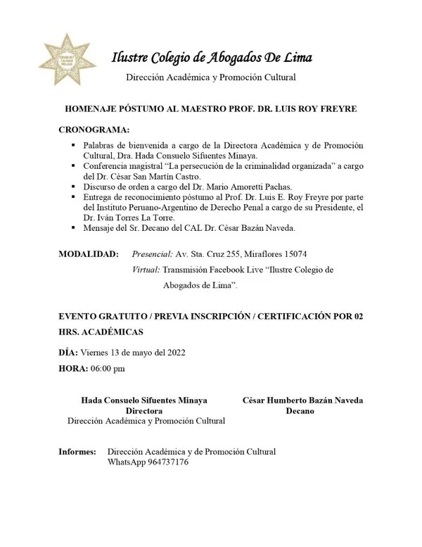 Programa del acto de homenaje póstumo a Luis Roy Freyre.