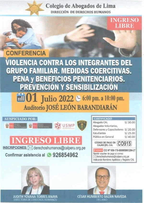 Afiche de la conferencia sobre violencia familiar, medidas coercitivas y fines penitenciarios.