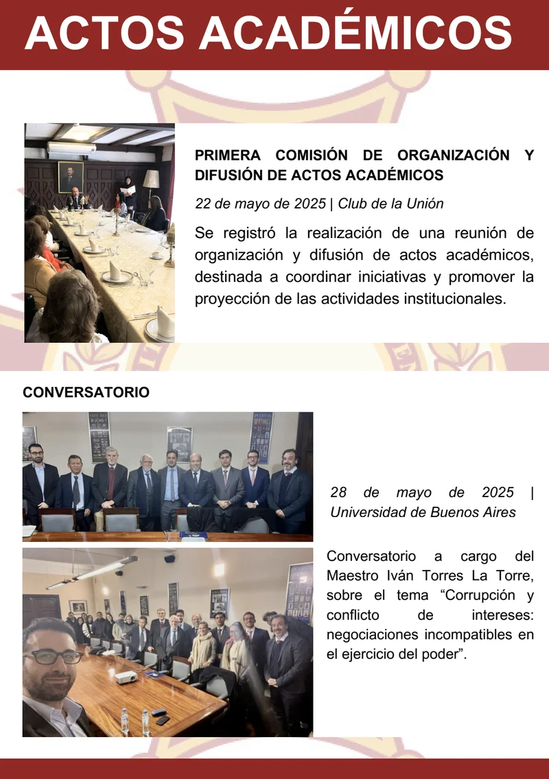 Página 12: Actos académicos — mayo: comisión de actos y conversatorio en la UBA