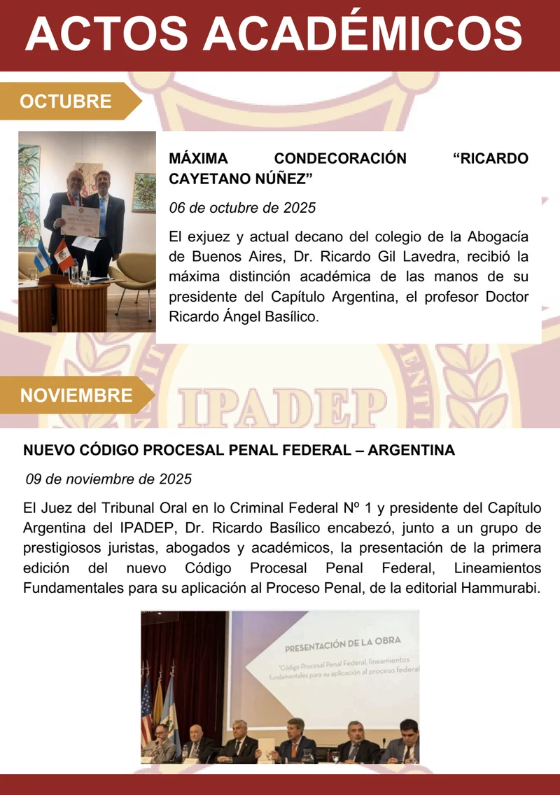 Página 16: Actos académicos — octubre y noviembre: nuevo Código Procesal Penal Federal y condecoración