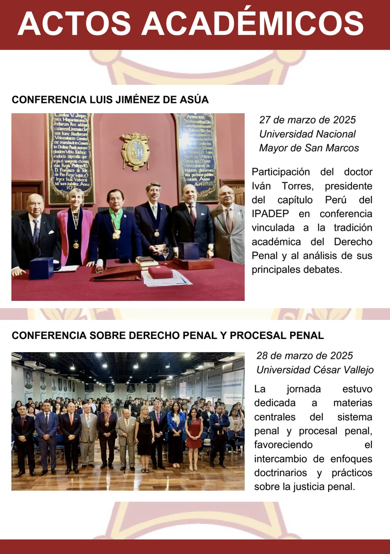 Página 9: Actos académicos — marzo: conferencias en San Marcos y la UCV